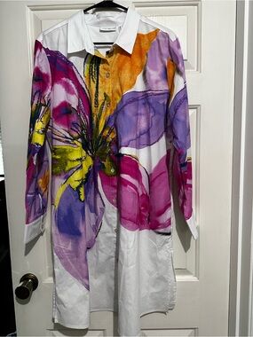 Susan Graver White Button-Front Top with Multicolor Floral Accent
